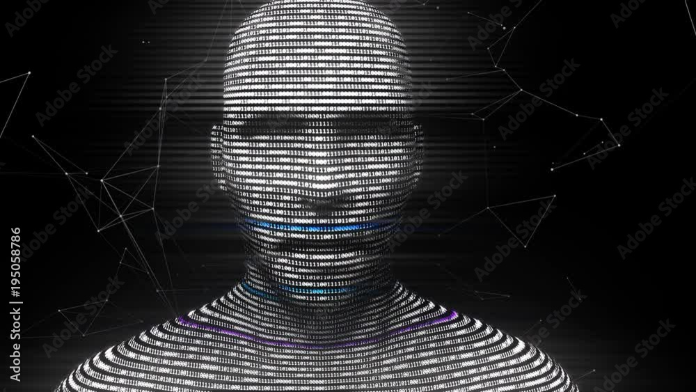 Poster a digital virtual man generated from binary code