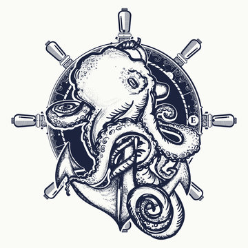Octopus and anchor tattoo. Symbol of a sea adventure, ocean. Big octopus braids an old anchor t-shirt design