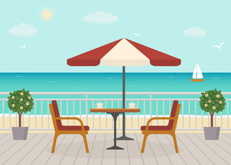 Cafe on the terrace near the sea. Sea landscape. Vector illustration. 

