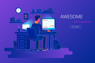 Man working with pc at his work desk and testing ui and ux. Gradient line vector illustration of student studying at home. Young guy working with computer and laptop at home on violet background