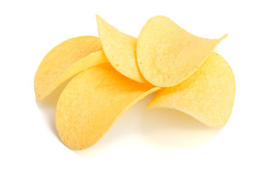 three potato chips on white background close-up