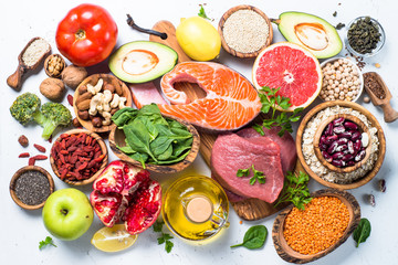 Superfoods on white background. Healthy nutrition.