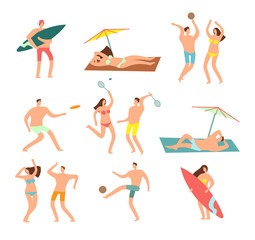 People in swimsuits in sea beach vecation. Relaxing woman and man vector characters