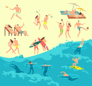 Sunbathing, Playing And Swimming People In Summer Beach Vector Illustration