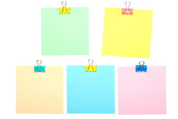 colorful Stick Notes with paper clip holders isolated on white background. Mock up