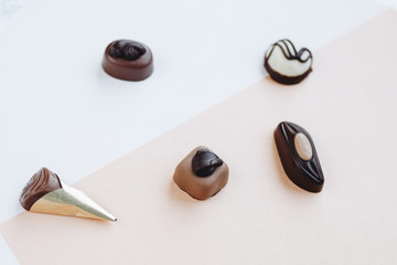 Different kinds of chocolate candy. Close up.