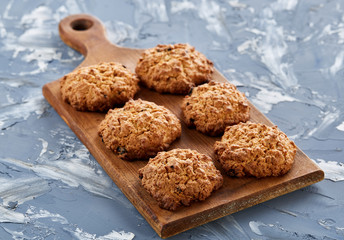 Top view close-up picture of tasty cookies on the cutting board, shallow depth of field, selective focus