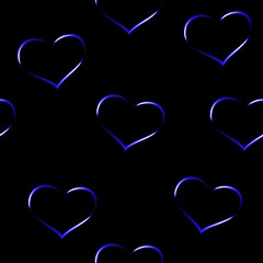 Royal blue neon hearts, seamless vector background.