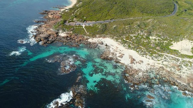 Aerial view of scenic coast around Redgate Beach, crystal clear turquoise water of Great Southern Ocean - Western Australia from above, 4k UHD
