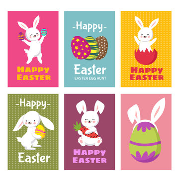 Happy Easter vector greeting cards with cartoon bunny rabbit and easter eggs