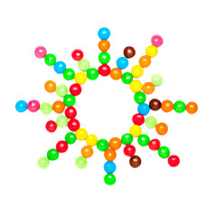 SUN is made up of sweet colorful chocolate candy isolated on white background