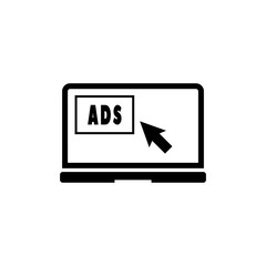 Text on Laptop screen ADS. Simple flat symbol on white background
