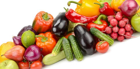 Pile fresh vegetables and fruits isolated on white background.