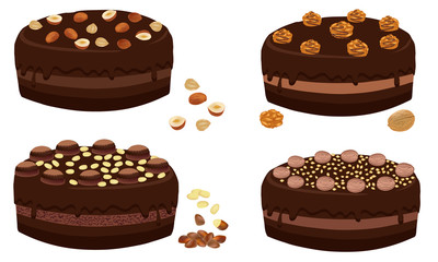 Set of chocolate cake with nuts. Dessert close-up.  Chocolate cake whole with nuts and cream isolated on white background. Vector illustration.