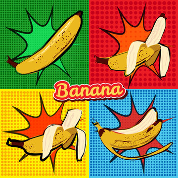 Banana opened banana bitten banana peel banana pop art vector illustration, isolated