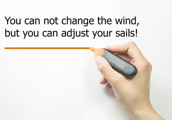 Women Hand writing You can not change the wind but you can adjust your sails with marker.