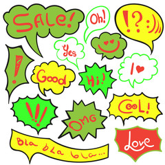Vector set of speech bubbles in comic style. Hand drawn set of dialog windows with phrases: Hi, Sale, Oh, Oops, Good, Cool, love and punctuation.
