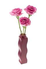 Three pink roses in a wavy vase isolated over white