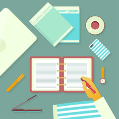 Desktop top view hand with pen of working, Flat design, Vector illustration