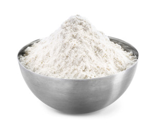 Wheat flour in bowl on white background