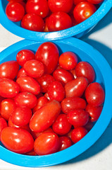 Top view of two blue, recycled, plastic bowls of freshly picked cherry tomatoes, on display and for sale at a tropical farmers market