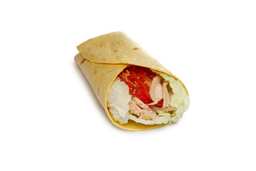Layout for menu. Pita bread stuffed with chicken, cabbage, shallot, tomato, bell pepper, olives with sauce