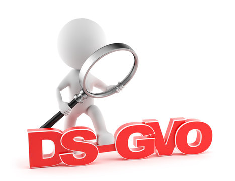 Überprüfung der Einhaltung der Datenschutzgrundverordnung (DS-GVO) mit weißen Männchen und Lupe