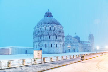 Fototapeta premium PISA, ITALY - MARCH 1, 2018: Square of Miracles with snow on a winter morning. Last snowfall had been in 2010