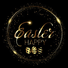 Happy Easter greeting card with glitter dots and hand drawn text. Vector.