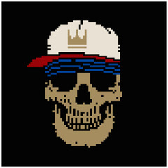 Pixel art vector illustration of skull with bandana and cap