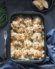 Home cooking. For the holiday - baked meatballs on a plate.