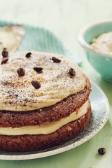 Homemade Coffee Expresso cake with  white chocolate mocha frosting, close up selective focus