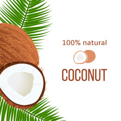 Whole and cracked Ripe coconuts and palm leaves with stripe text 100 percent natural. Vertical label. Tropical