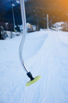 Yoke way on skiing resort. Mountain rope.