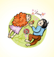 Romantic couple lies on a green blanket. Vector cartoon illustration. Love and hearts and sweets.