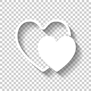 2 hearts. Simple icon. White icon with shadow on transparent background