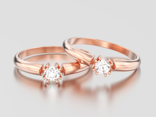 3D illustration two rose gold engagement solitaire double prong basket diamond rings