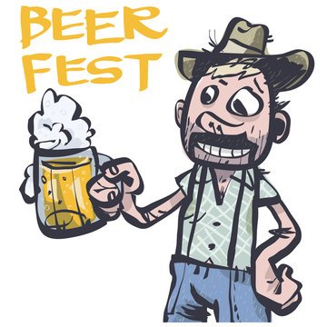 Beer Fest. Happy Man Drinking Beer. Comic Character. Vector illustration