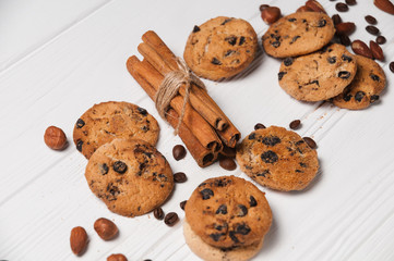 Homemade cookies dessert. Chocolate chip, oatmeal raisin, dough and nuts. Copy text menu food background.