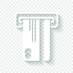 ATM machine and credit card icon. White icon with shadow on transparent background
