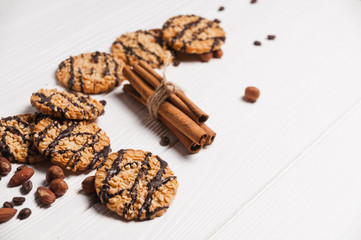 Homemade cookies dessert. Chocolate chip, oatmeal raisin, dough and nuts. Copy text menu food background.