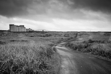 A Lone Building On The Horizon Behind A Large Field of Tall Grass In The Storm In Long Beach Washington in Black And White