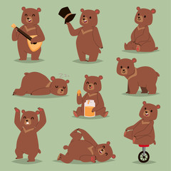 Ccute cartoon vector bear emotions brown character happy smiling bear drawing mammal teddy smile. Cheerful mascot cartoon bear grizzly, young, baby animal zoo with honey, guitare, circus bike wheel
