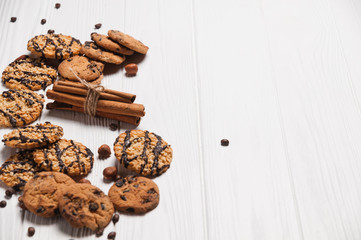 Homemade cookies dessert. Chocolate chip, oatmeal raisin, dough and nuts. Copy text menu food background.