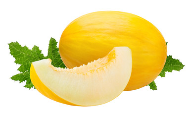 Fresh melon with leafs  isolated on white background with clipping path