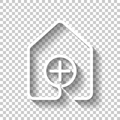house with medical cross icon. line style. White icon with shadow on transparent background