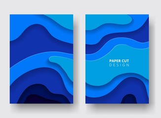 Vertical A4 covers with 3D abstract background. Paper cut design. Blue color. Design for report annual, brochure, flyers, magazine, posters, catalogs, banners. Carving art. 