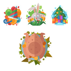 Happy holidays different icons vector holidays symbols decoration traditional celebration gift badge.