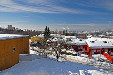Winter sunny day in snowy Oslo, Norway.