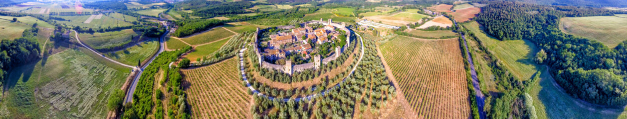 Panoramic 360 degrees aerial view of Monteriggioni and beautiful summer countryside, Tuscany - Italy